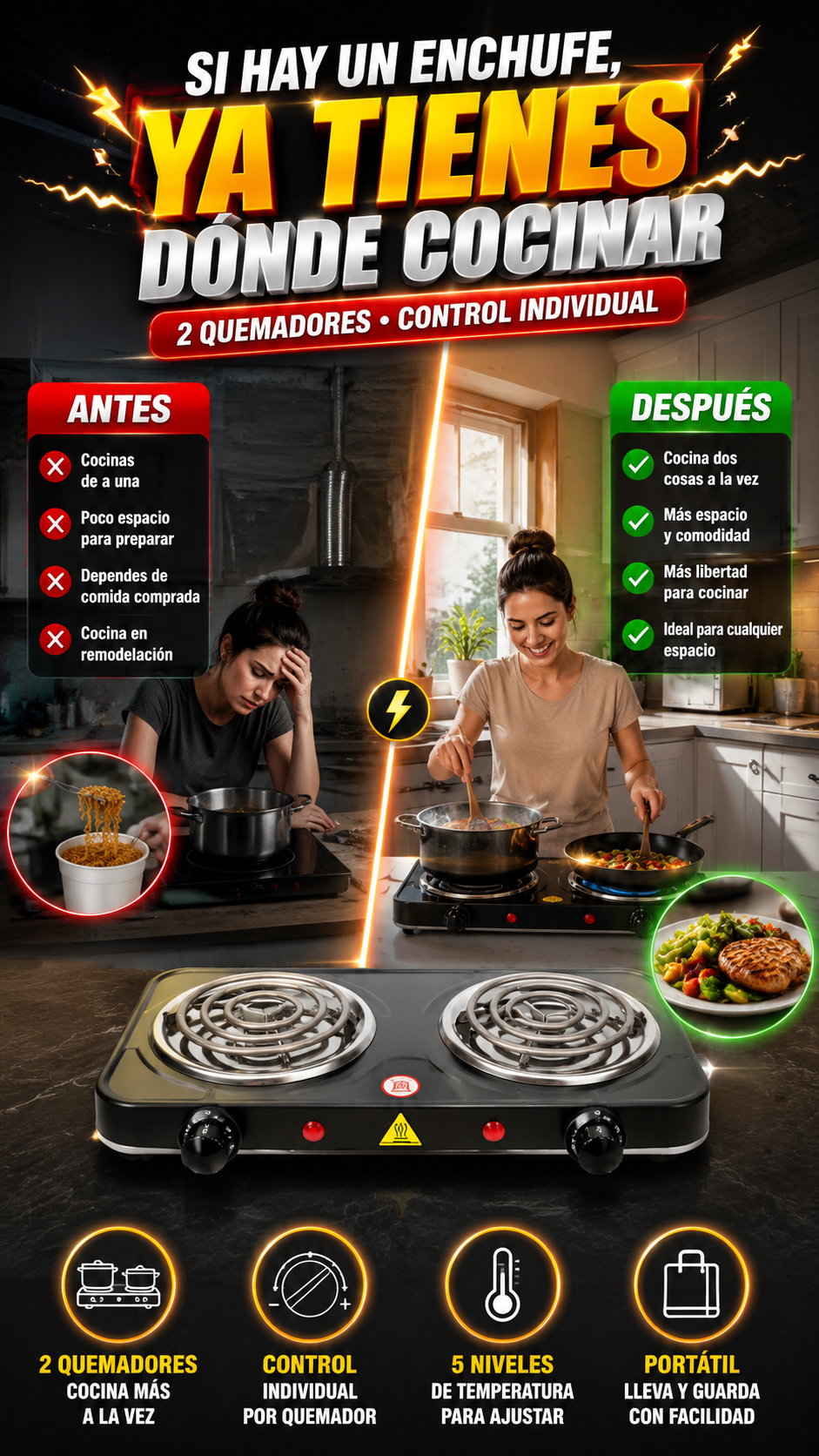Cocina Eléctrica Portátil de 2 Quemadores — Cocina donde tengas espacio y corriente