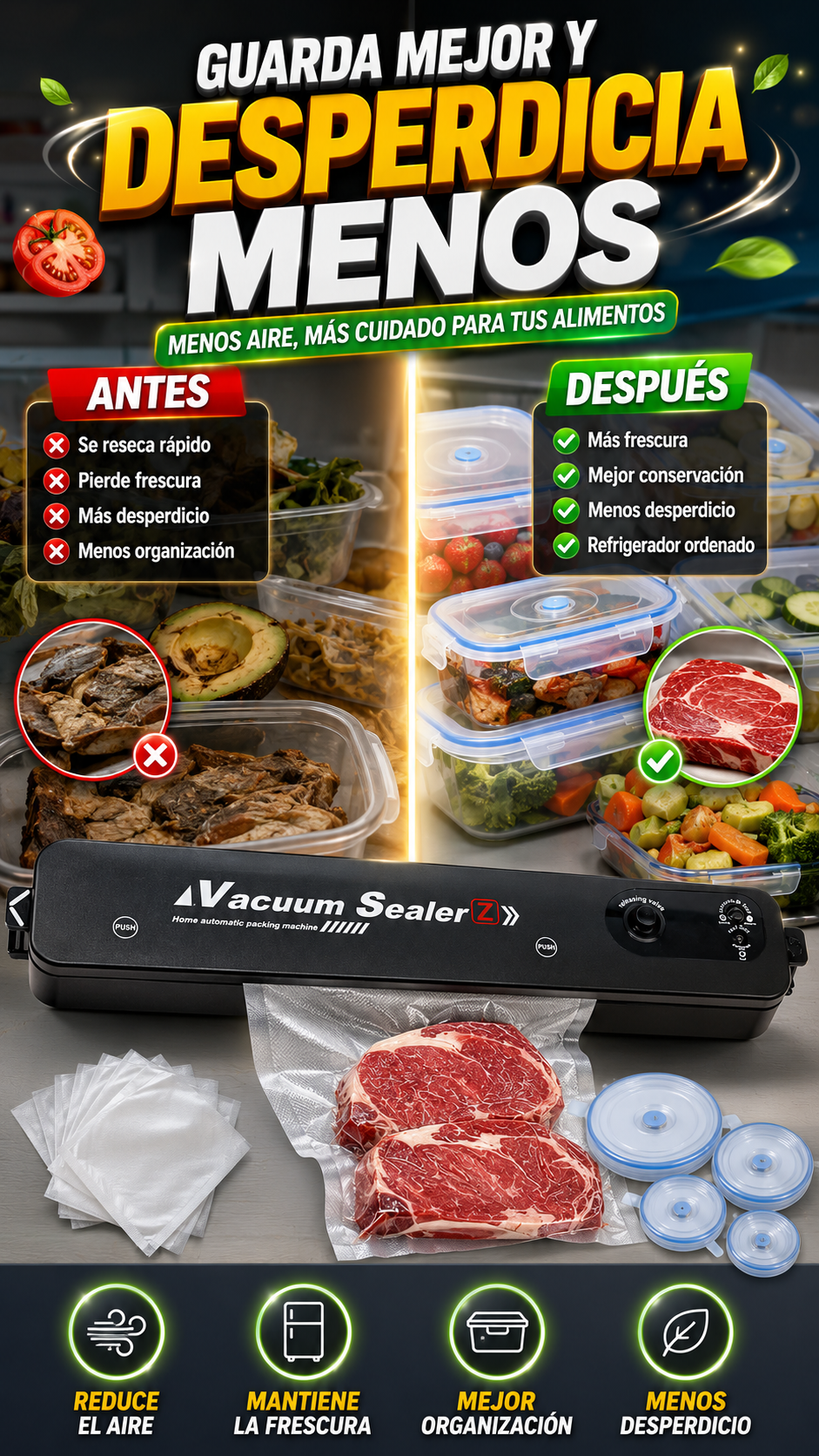 Selladora al Vacío con 6 Tapas de Silicona — Guarda mejor y desperdicia menos