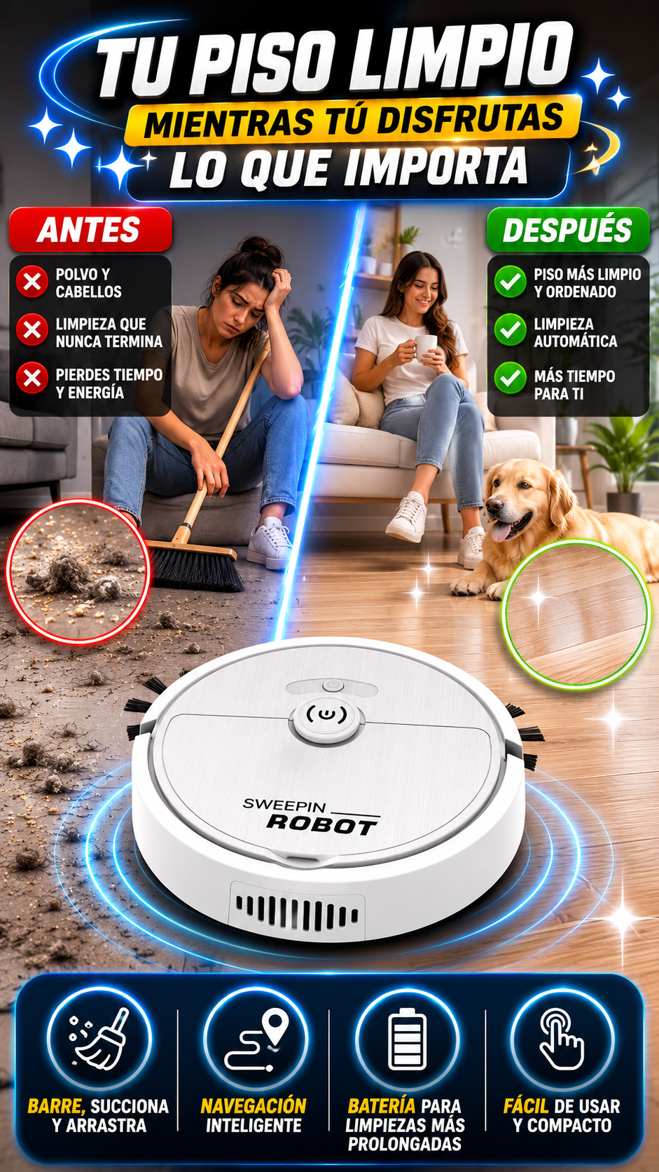 Robot de Limpieza Automático Multifunción — Mantén tus pisos limpios con menos esfuerzo