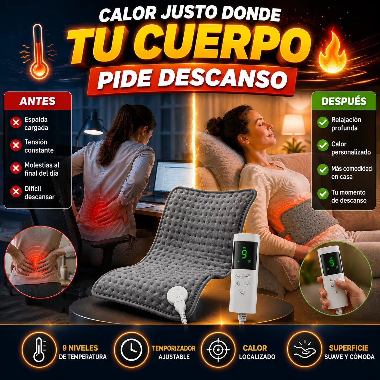 Manta Lumbar Electrica-Calor regulable para relajarte en casa