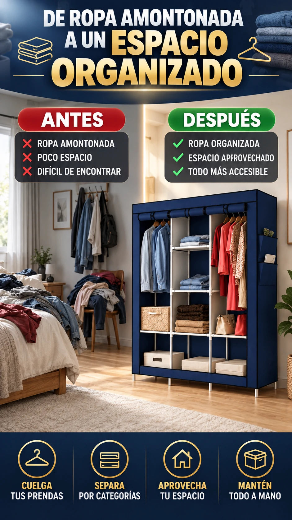 Ropero de Tela Portátil — Organiza más ropa en menos espacio