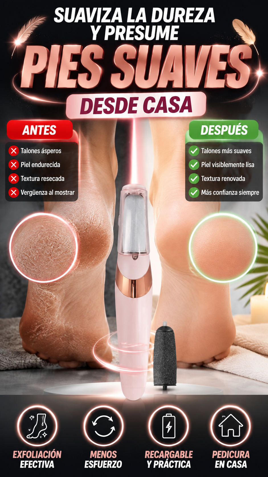 Lima Eléctrica Recargable para Pies — Suaviza talones y piel endurecida
