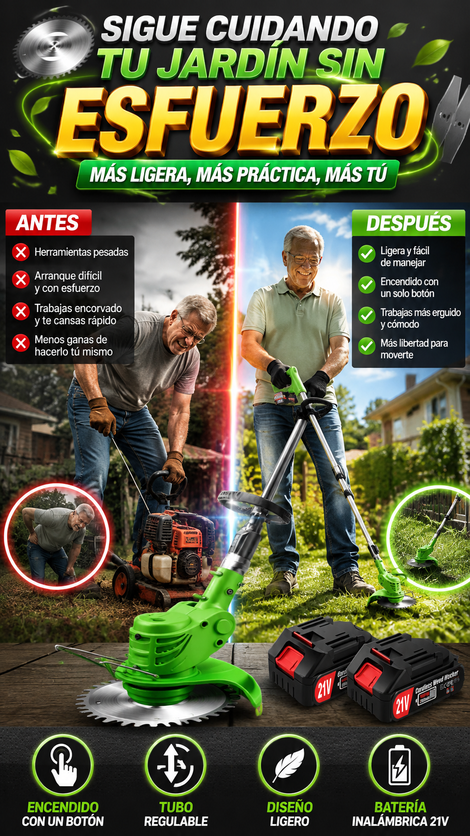 Desbrozadora Eléctrica Inalámbrica 3 en 1 de 21V — Cuida tu jardín con menos esfuerzo