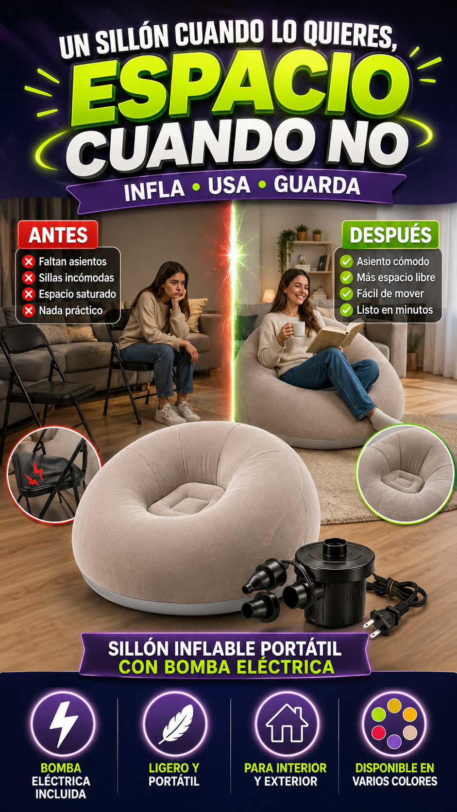 Sillón Inflable Portátil con Bomba Eléctrica — Comodidad sin ocupar espacio fijo