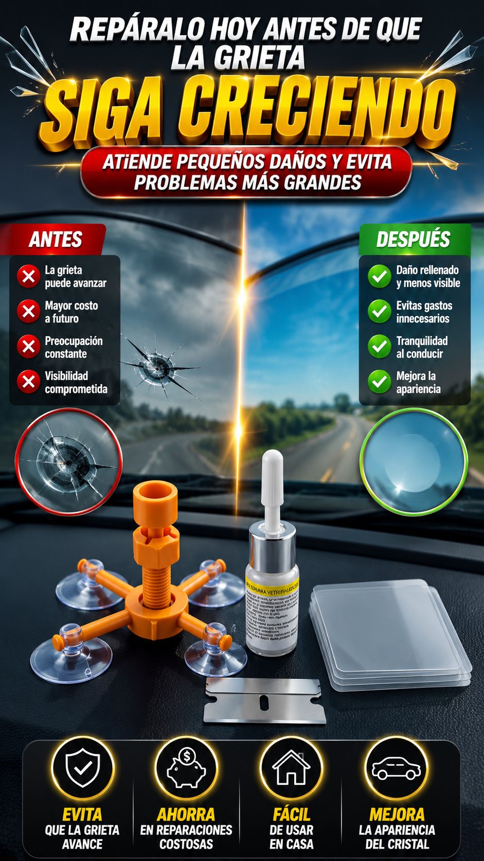 Kit Reparador de Parabrisas — Atiende pequeños daños antes de que avancen