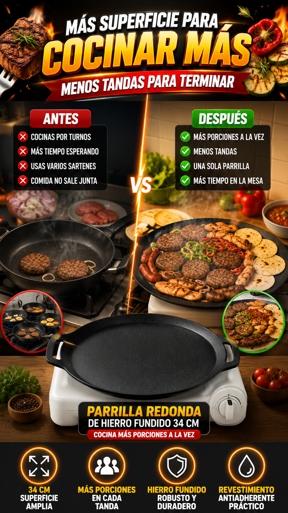 Parrilla Redonda de Hierro Fundido 34 cm — Cocina más porciones a la vez