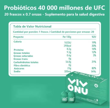 20 botellas Vivonu * 07oz probióticos 40 mil millones de cfu, probióticos pequeños en botes verdes, gestión de imagen de probióticos digestivos saludables (caja 20/1) salud digestiva sin adhesivos