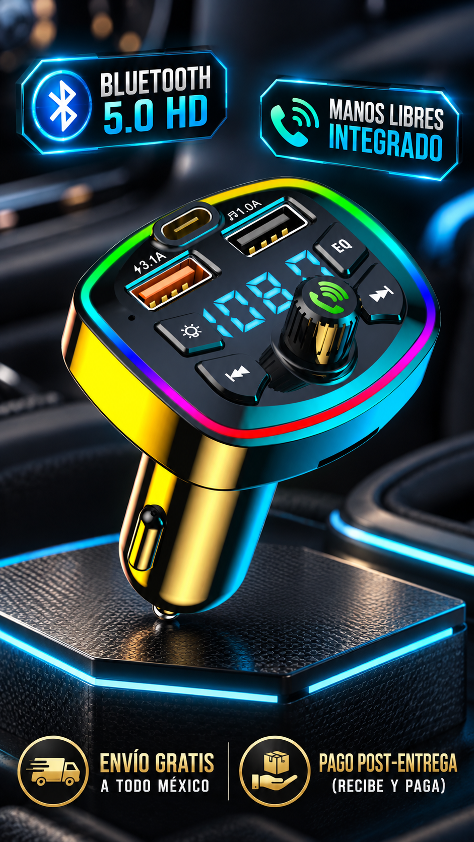 Transmisor FM Bluetooth 5.0 BT-Car con conexión inmediata y carga rápida