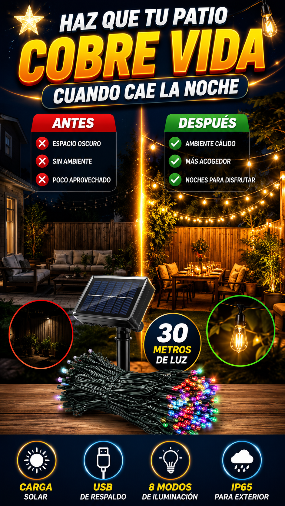 Luces Solares Decorativas de 30 Metros para Exterior — Crea ambiente en tus noches afuera