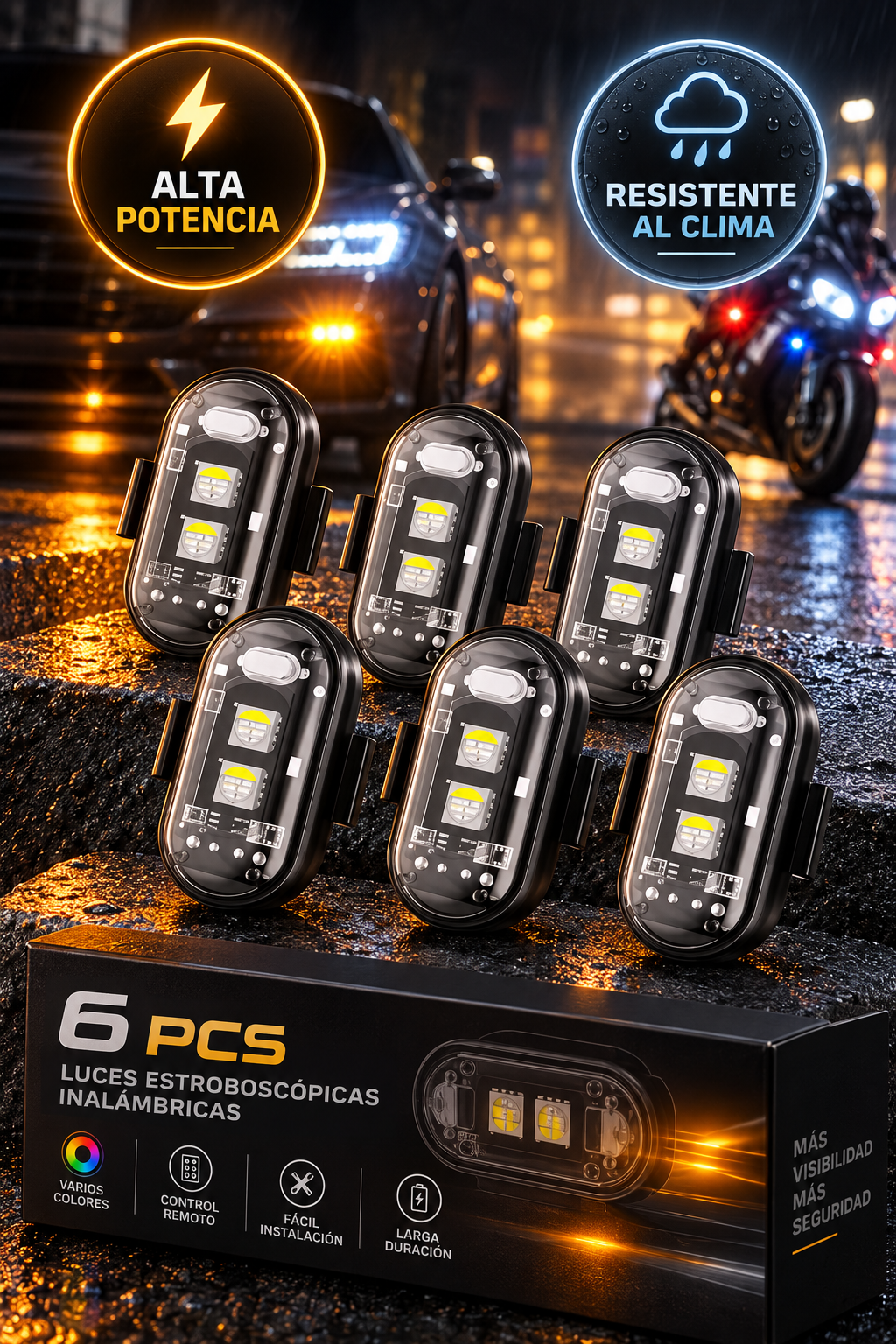 PACK x 6 Luces LED Estroboscópicas Inalámbricas: Protección Total en Carretera