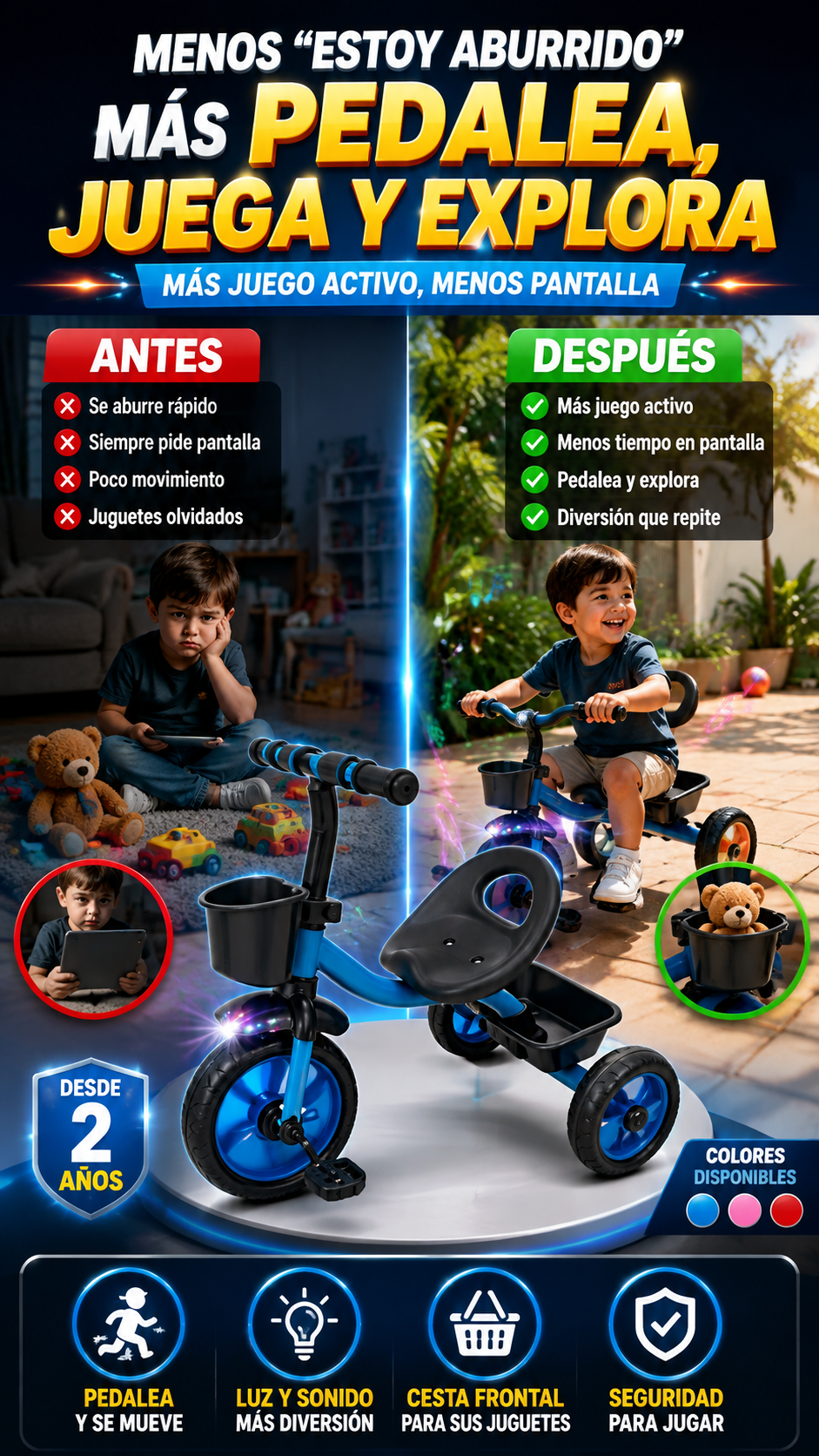 Triciclo Infantil con Luz y Sonido — Más juego activo, menos aburrimiento