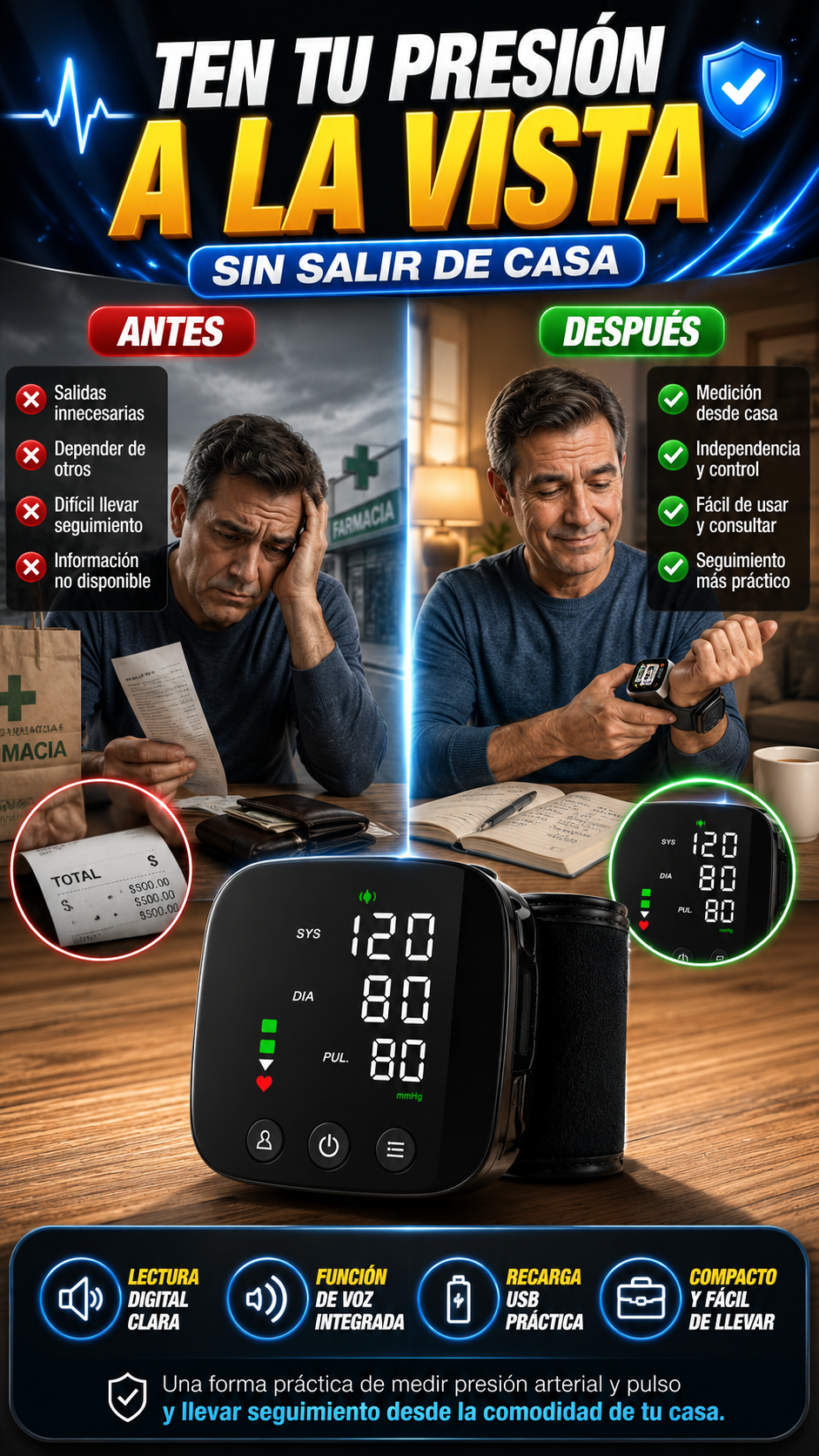 Monitor Digital de Presión Arterial de Muñeca — Mide y lleva seguimiento desde casa