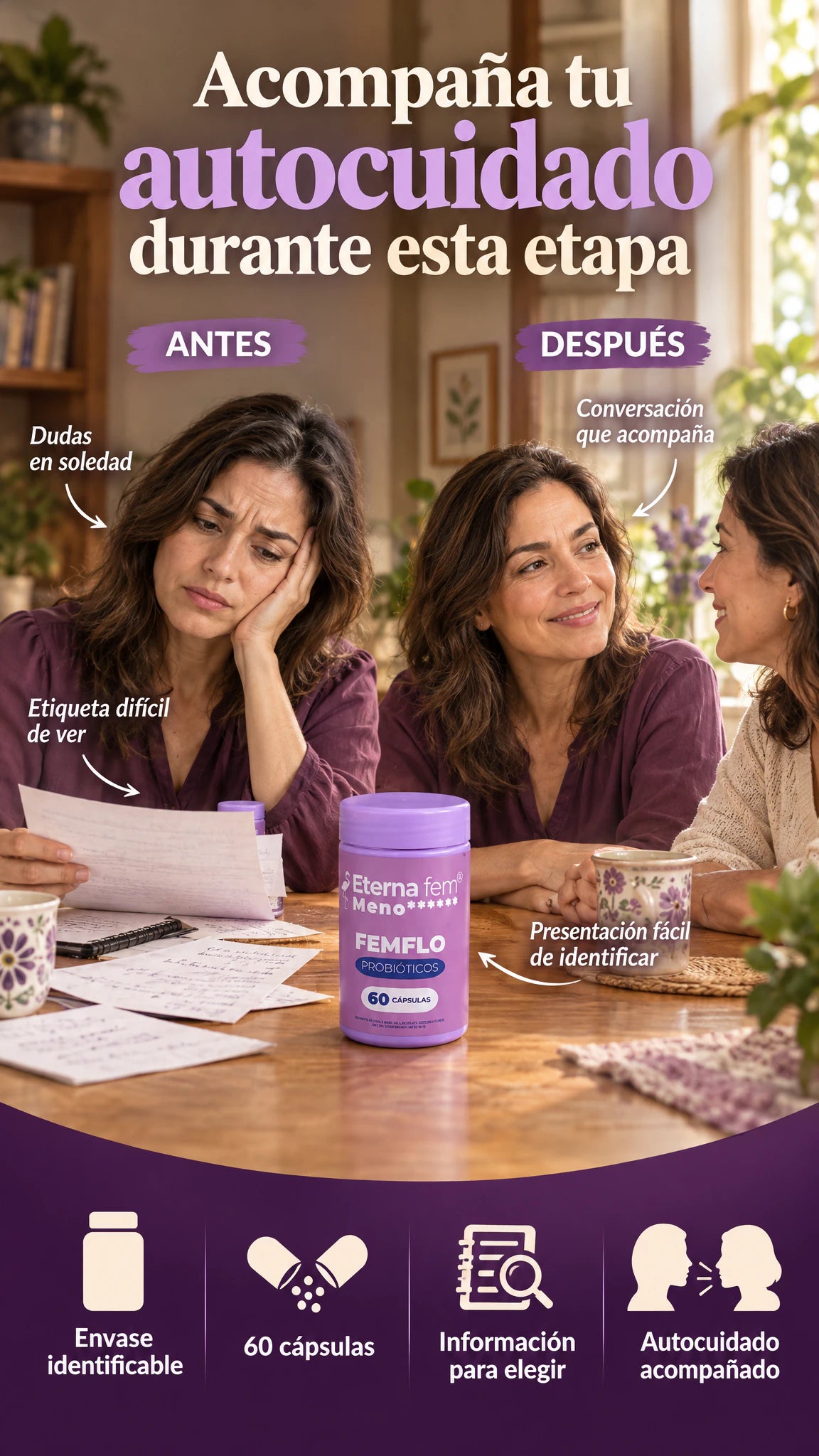 Eterna Fem Meno FEMFLO, probióticos — Una opción identificable para acompañar tu autocuidado en esta etapa