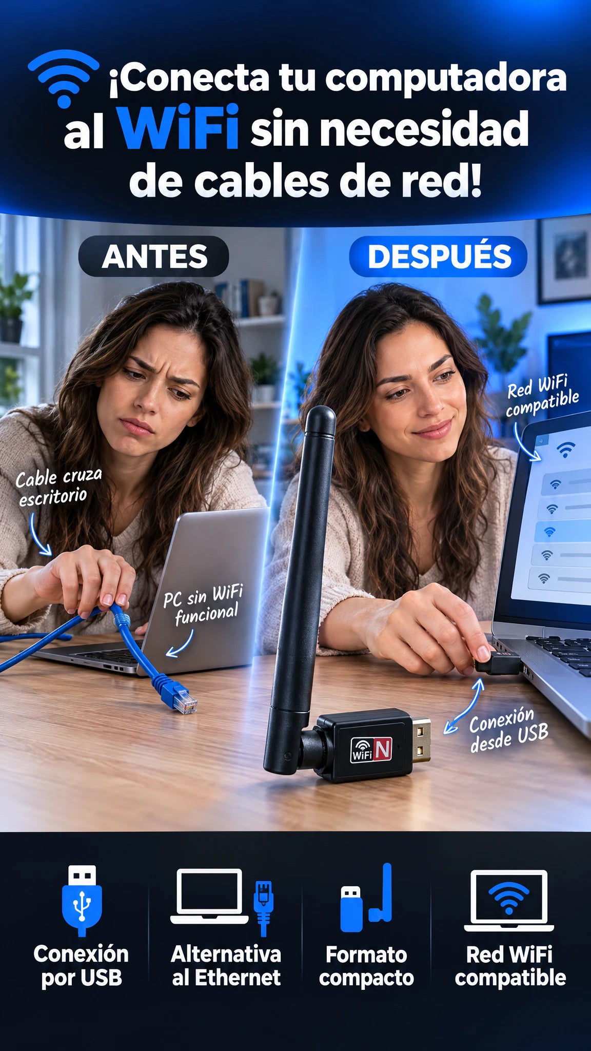 Mini Adaptador WiFi USB de 150 Mbps — Conecta tu PC compatible al WiFi sin tender cable Ethernet
