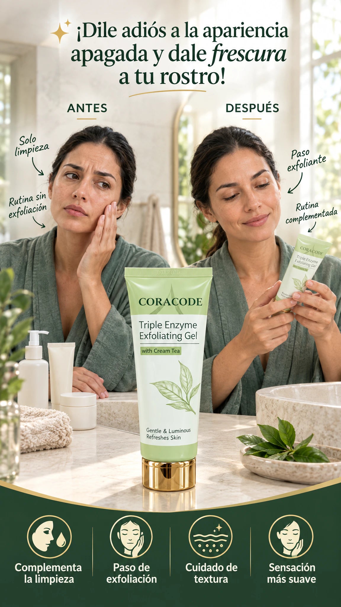 CORACODE Triple Enzyme, gel exfoliante facial con té verde — Acompaña tu rutina y deja una sensación de piel más suave