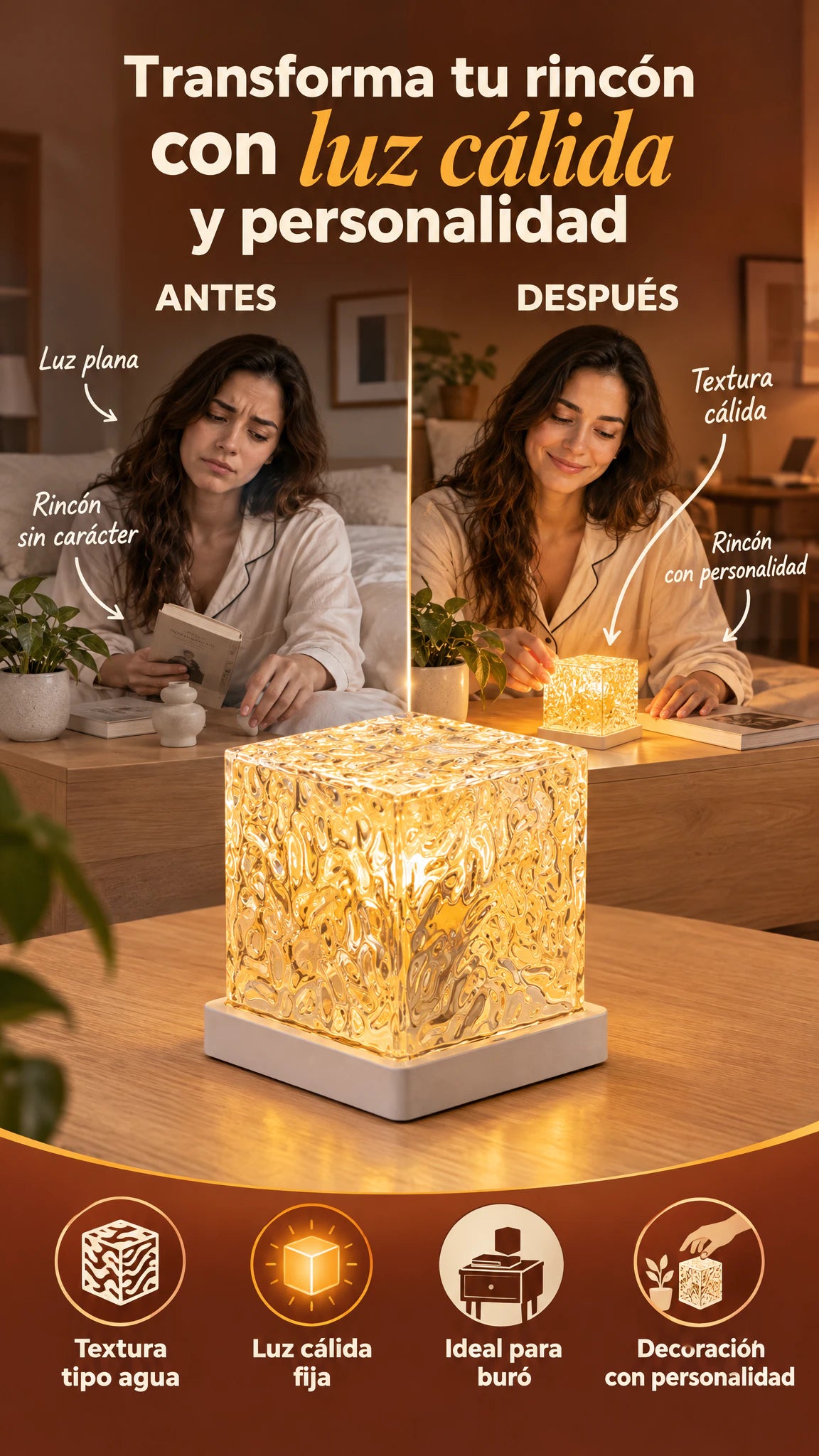 Lámpara cúbica cálida con textura de ondas de agua — Convierte un rincón común en un ambiente cálido con personalidad