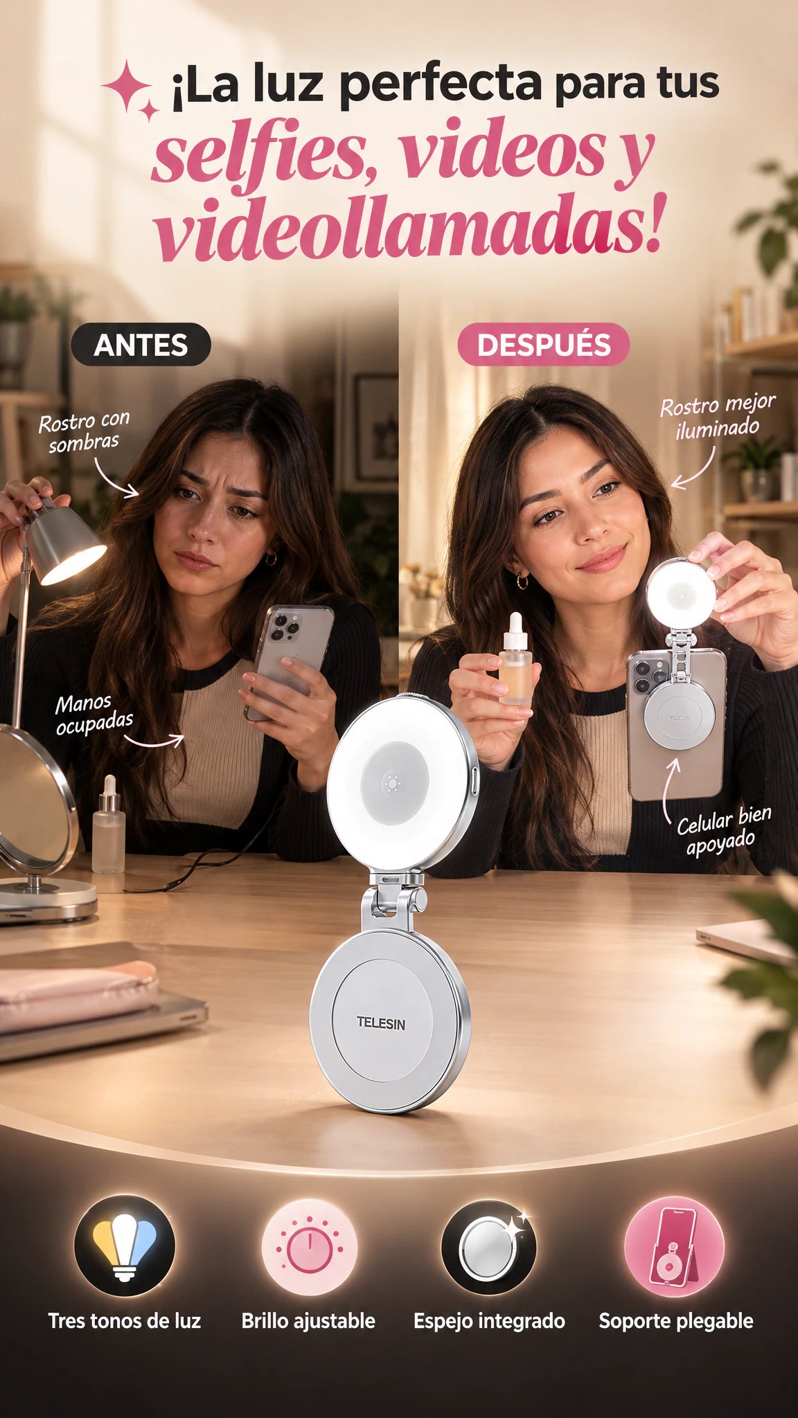 Luz LED Magnética TELESIN 3 en 1 — Iluminación, espejo y soporte para crear con tu celular