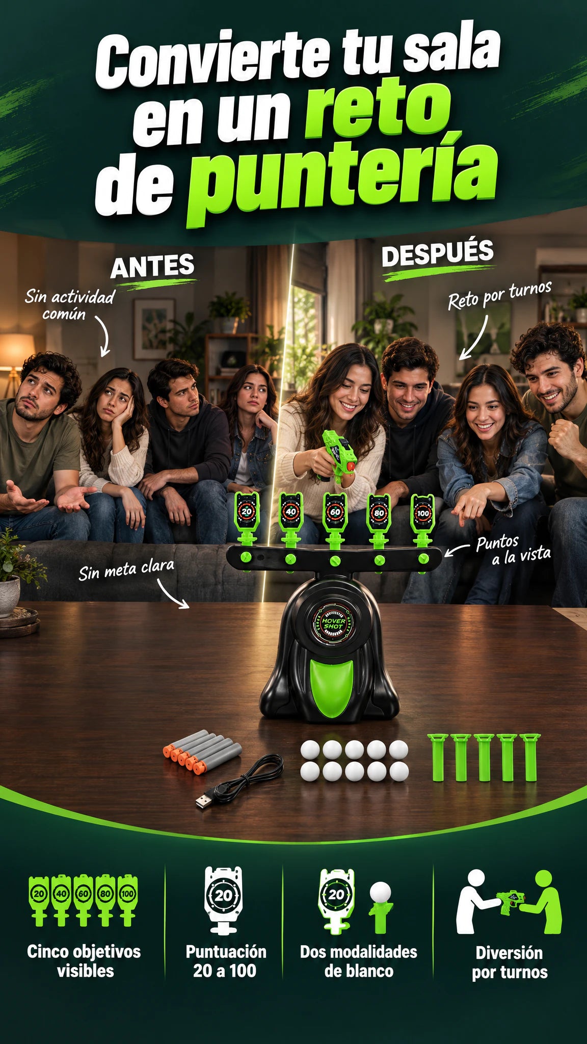 Juego de puntería Dark Shot con blancos flotantes y abatibles — Convierte la sala en un reto por puntos y turnos