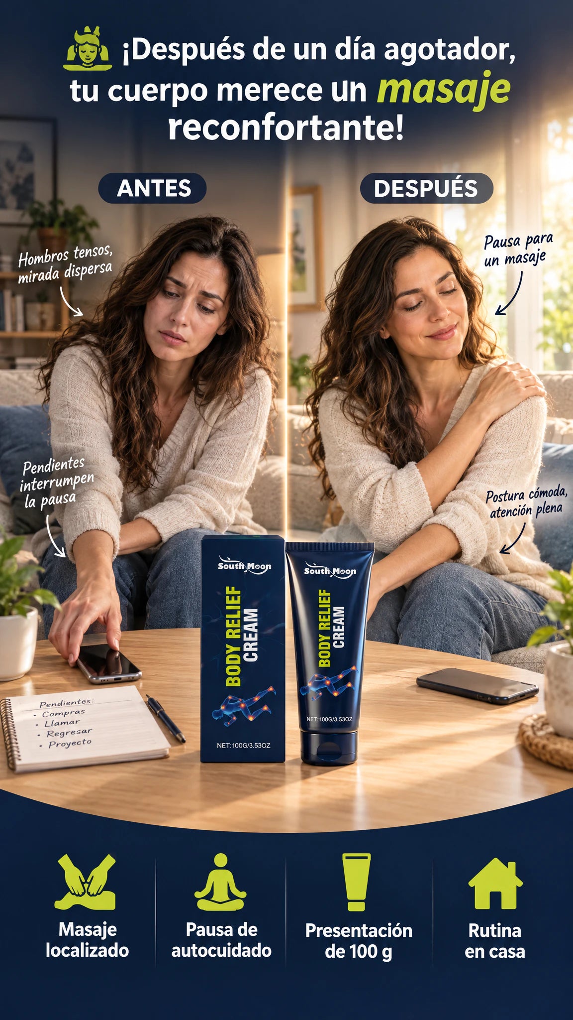 SOUTH MOON Crema corporal para masaje y confort muscular — Integra un masaje reconfortante a tu rutina después de un día activo