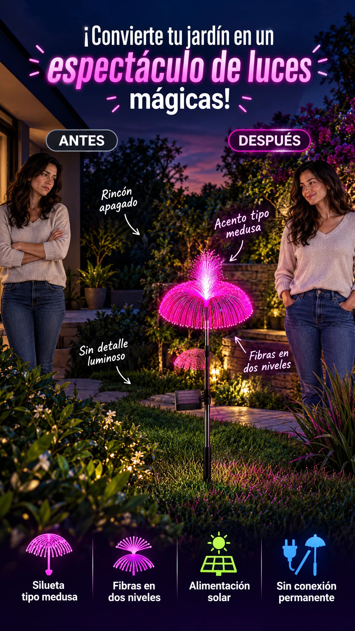 Lámpara Solar Decorativa de Fibra Óptica Doble Capa — Efecto Medusa Multicolor — Dale a tu jardín un espectáculo de luz al anochecer.