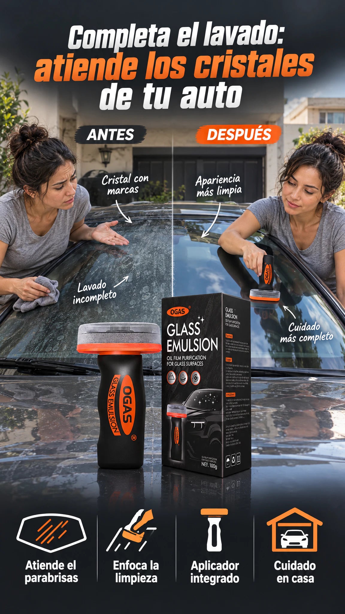 OGAS Glass Emulsion para cristales de auto — Completa el lavado atendiendo los cristales que aún se ven manchados