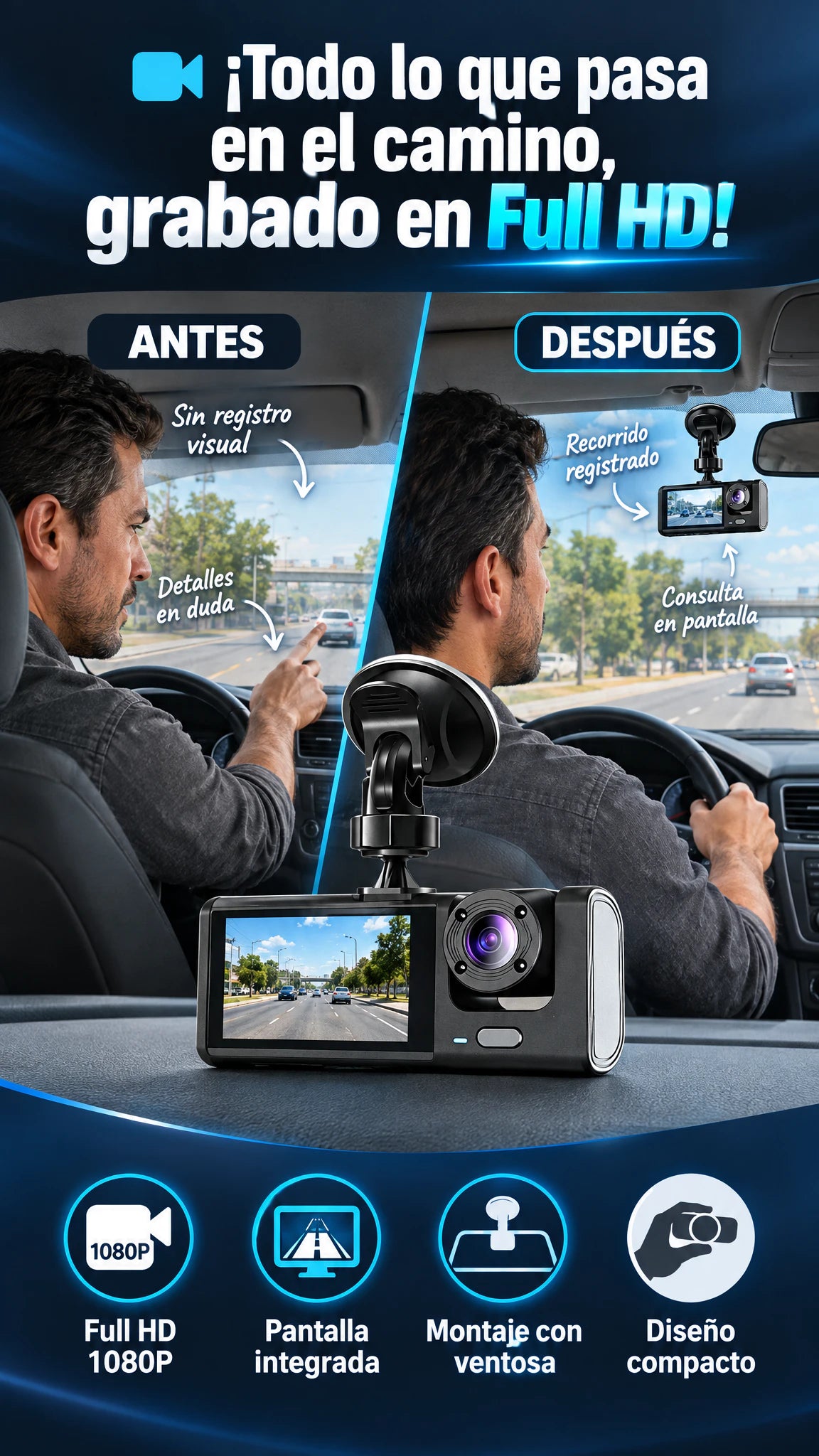 Dash Cam Full HD 1080P con pantalla — Registra tus recorridos y revisa cada momento del camino