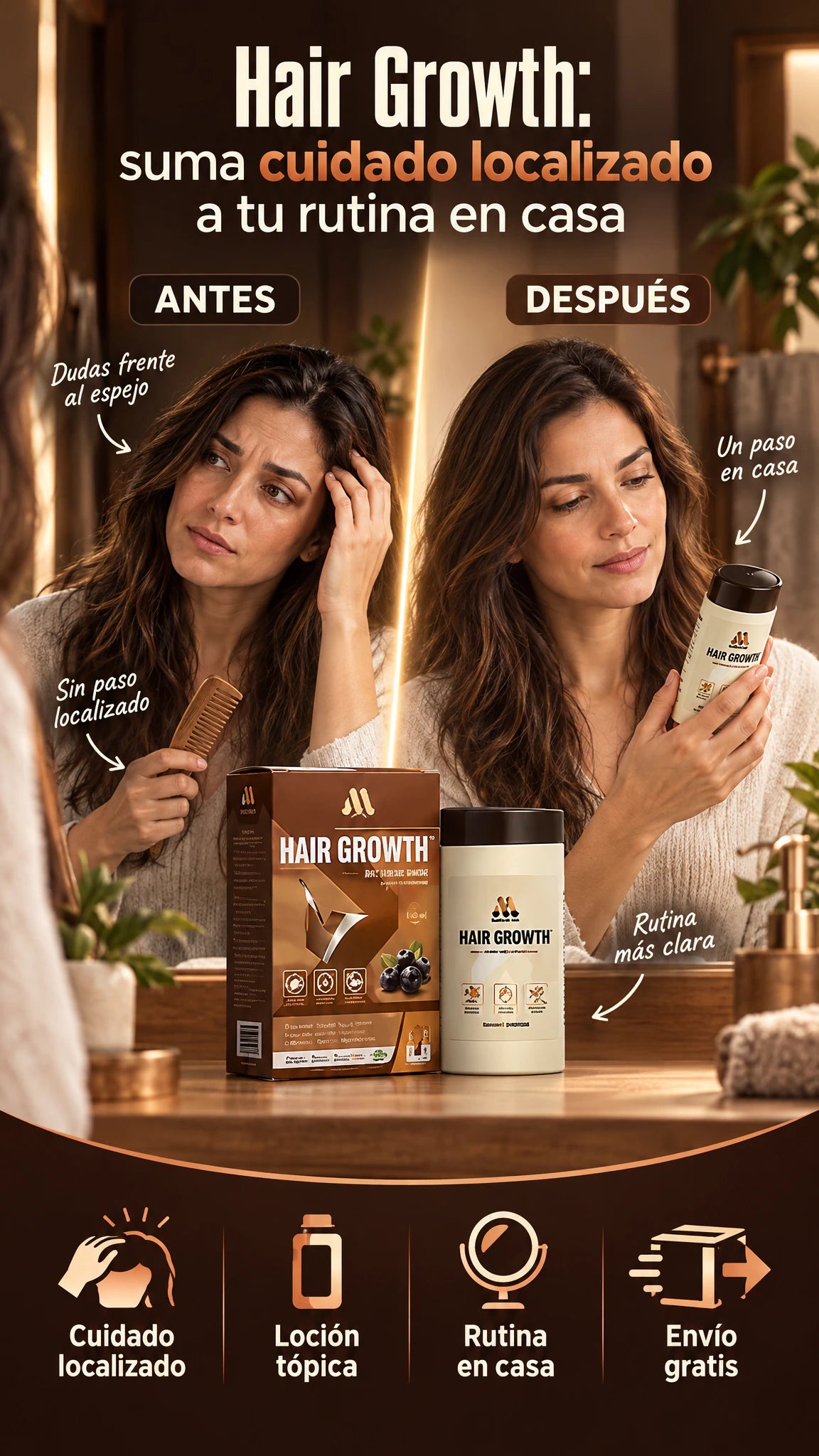 Loción capilar Hair Growth tópica — Incorpora cuidado localizado a tu rutina capilar en casa.