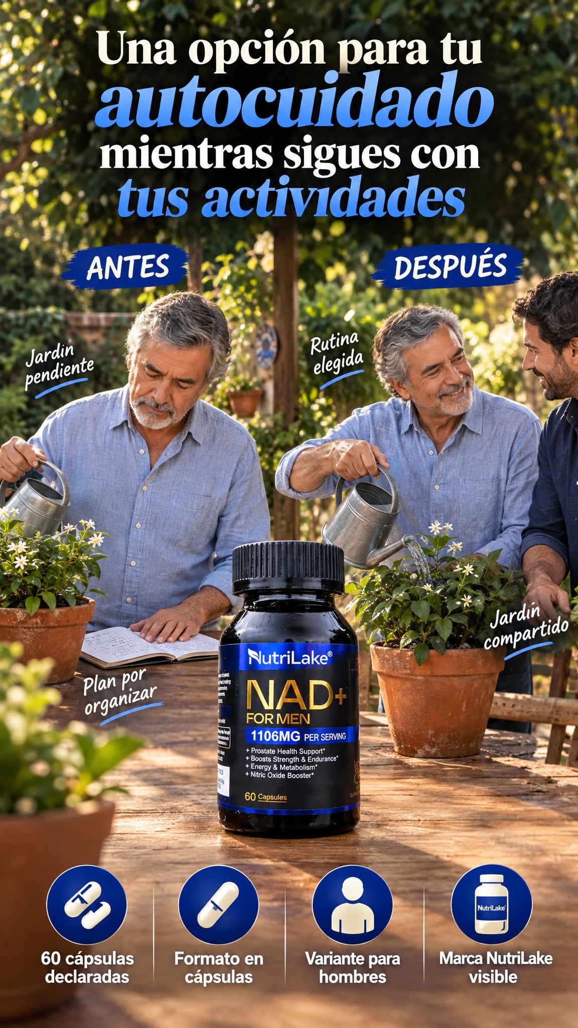 Suplemento NutriLake NAD+ For Men — Una opción para integrar a tu autocuidado mientras sigues con tus actividades.