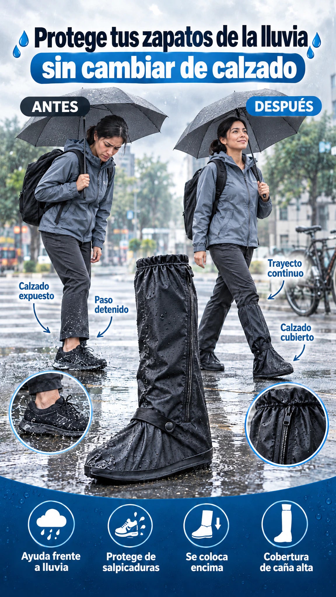 Cubrezapatos impermeable de caña alta — Protege tus zapatos de la lluvia sin cambiar de calzado