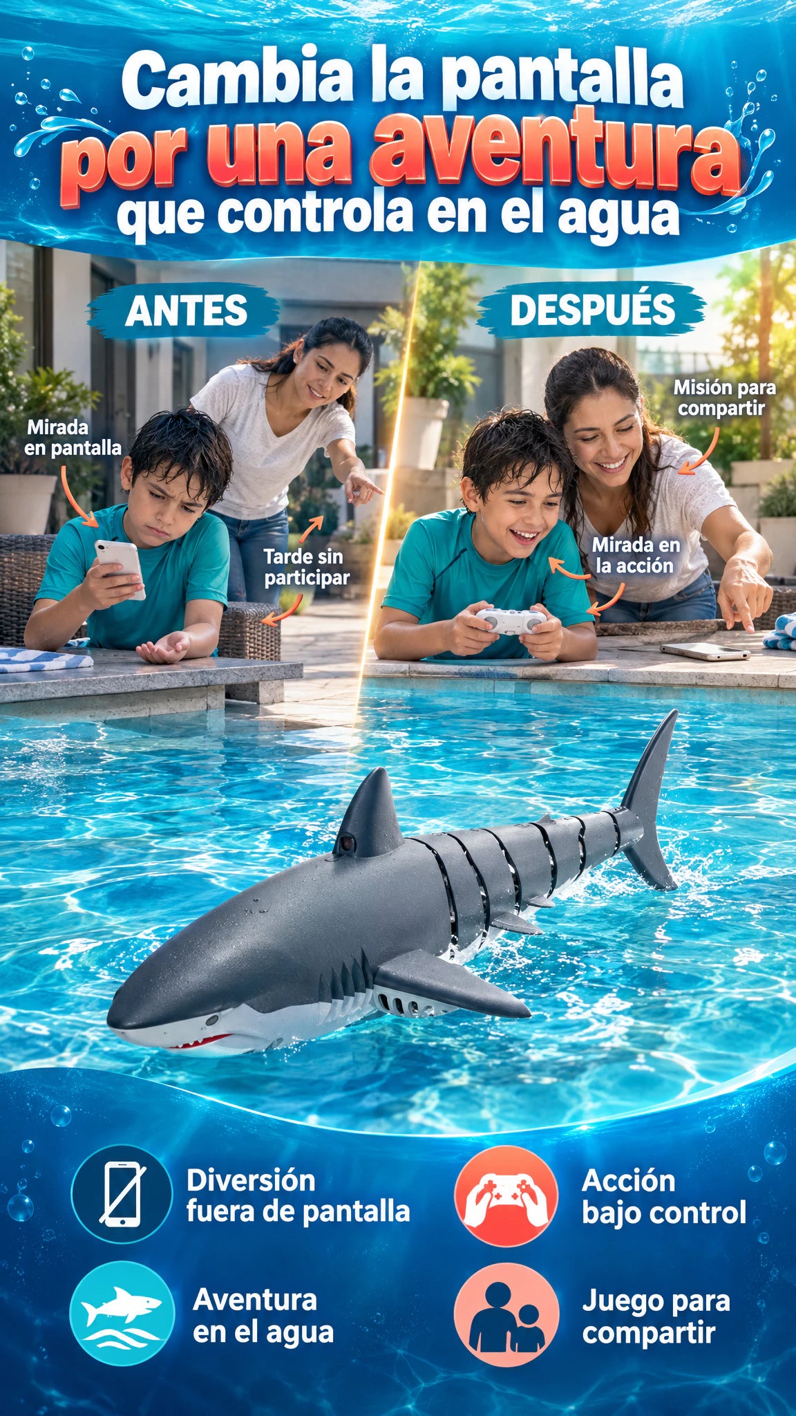 Tiburón RC acuático de cola articulada — Cambia la pantalla por una aventura que controla en el agua