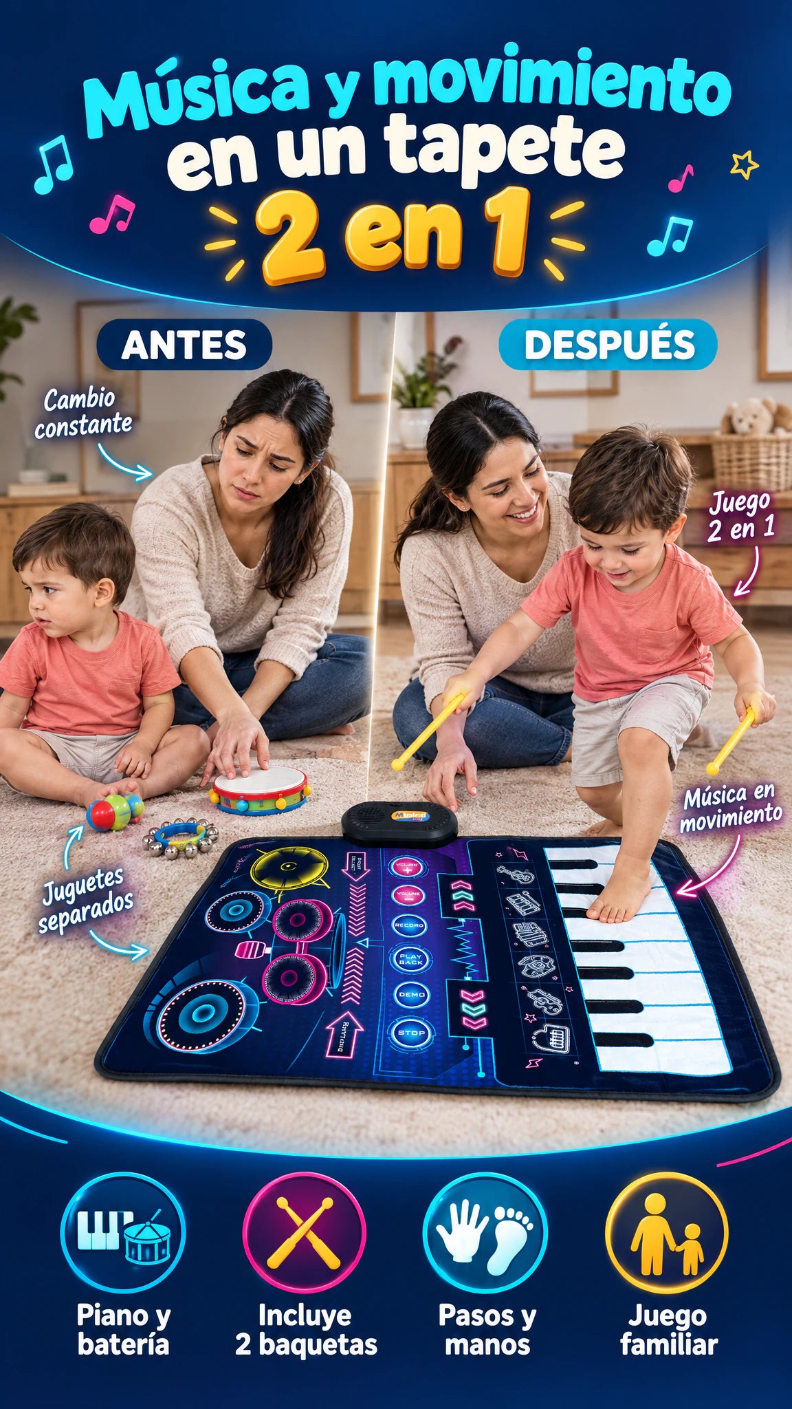 Tapete musical 2 en 1 piano + batería — Convierte sus pasos y manos en juego musical activo