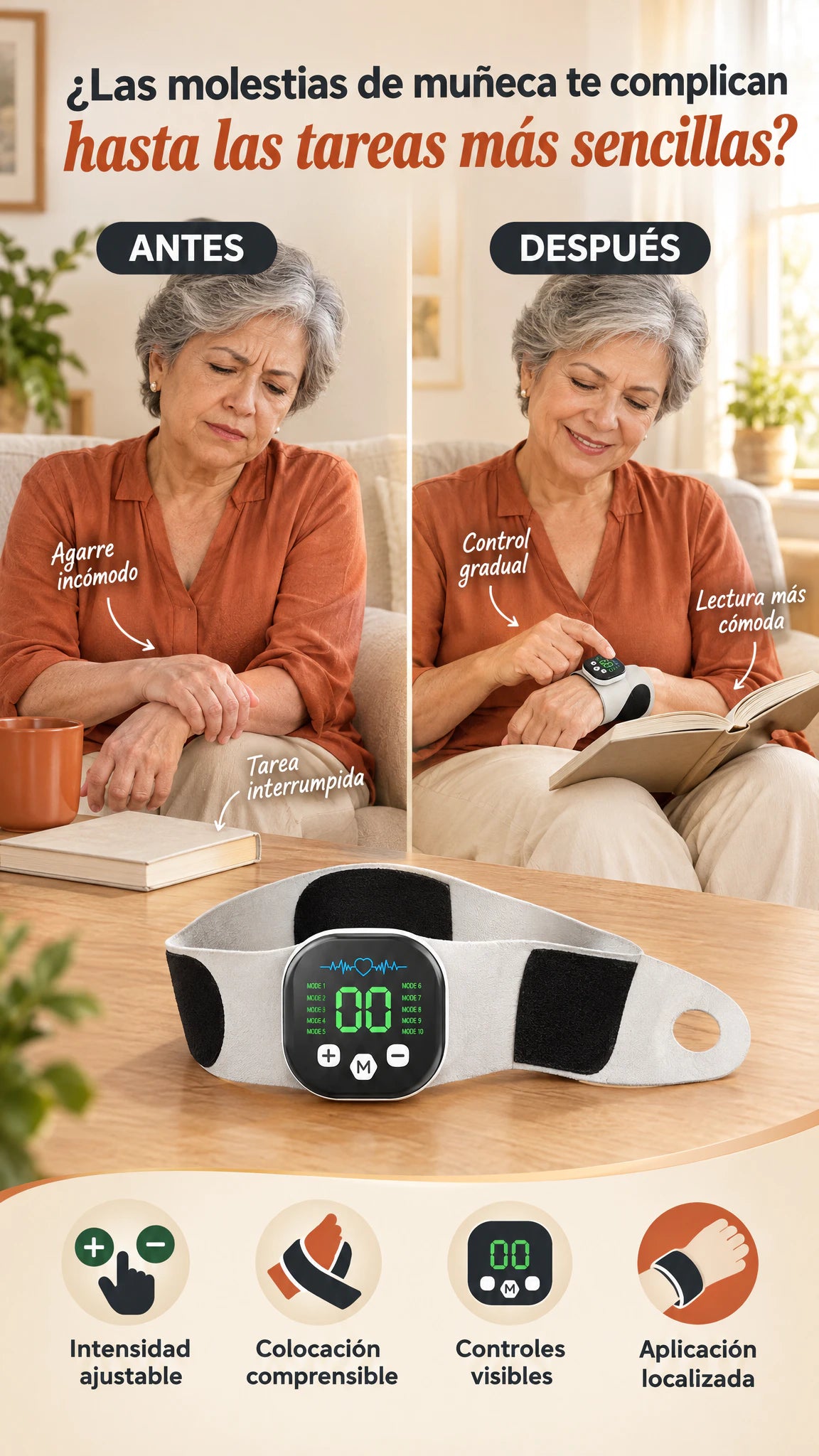 Muñequera de electroestimulación ajustable — Empieza suave y disfruta una pausa localizada para tu muñeca