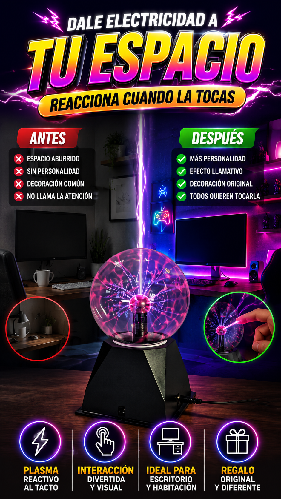 Lámpara de Bola de Plasma Activada por Tacto — Dale personalidad a tu espacio