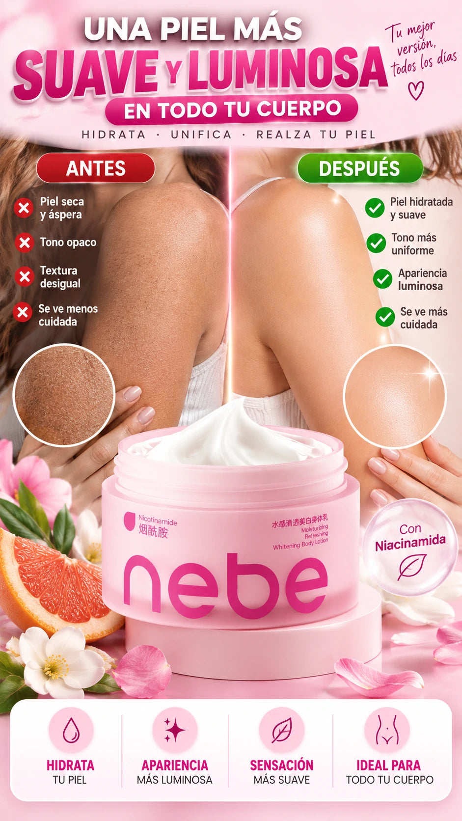 Crema Corporal Nebe con Niacinamida 200 g — Hidrata y realza la luminosidad