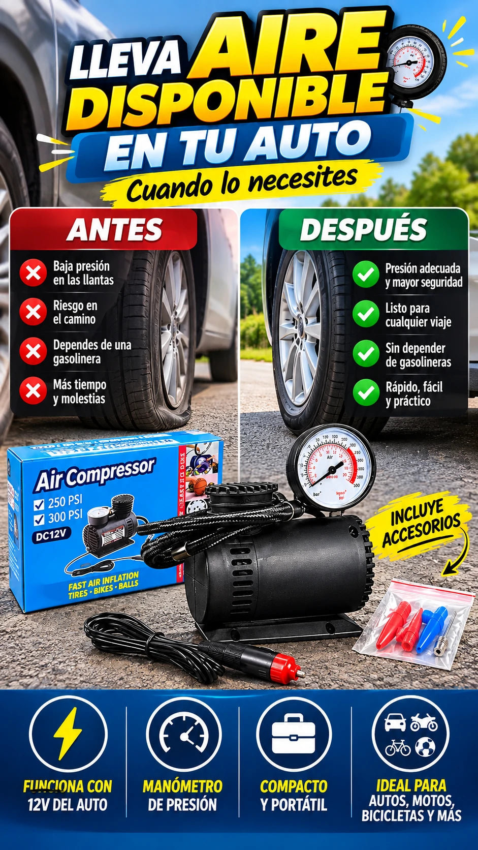 Compresor de Aire Portátil 12V con Manómetro — Lleva aire disponible en tu auto