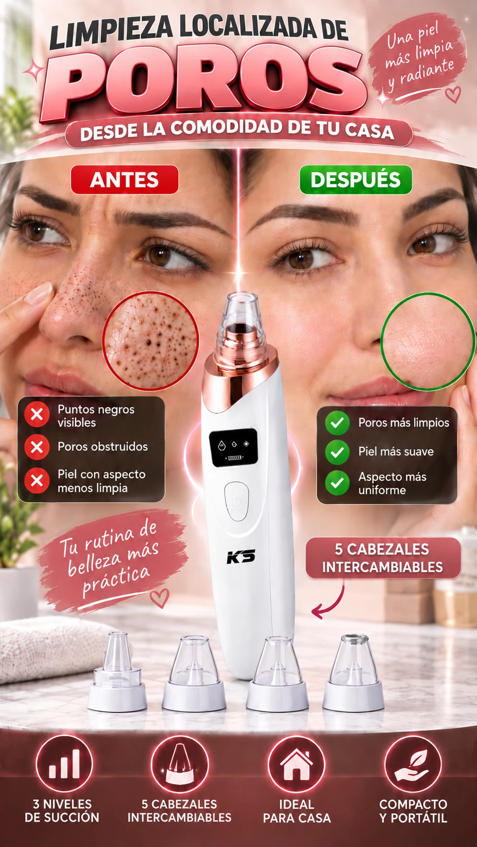 Aspirador Facial de Puntos Negros Multifuncional — Limpieza localizada de poros en casa