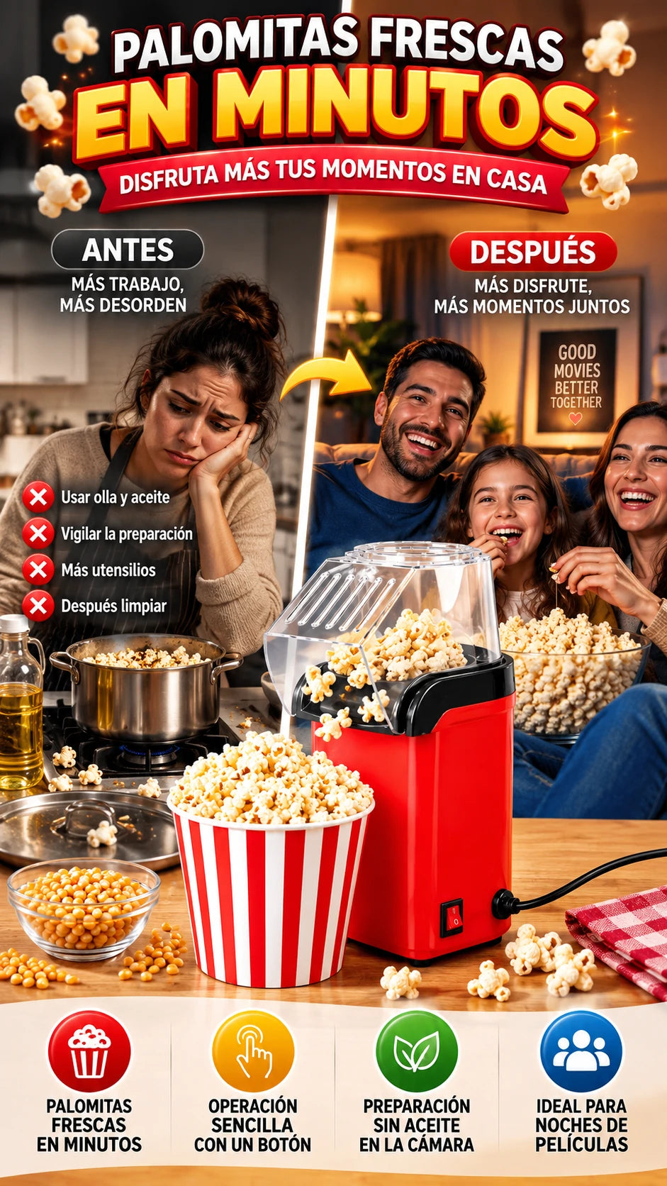 Máquina Eléctrica para Palomitas con Aire Caliente — Prepara palomitas frescas en minutos