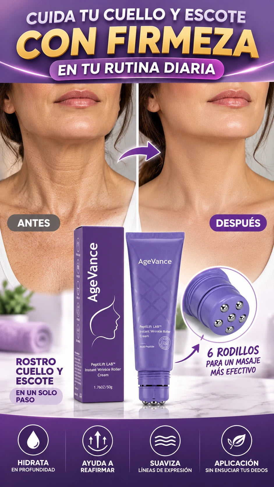 Crema Reafirmante para Cuello con 6 Rodillos — Hidrata y suaviza zonas olvidadas