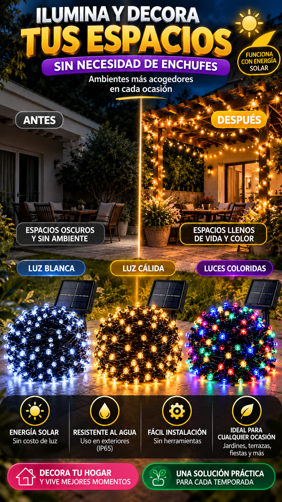Cadena de Luces Solares LED de 22 m con 200 luces — Decora sin depender de enchufes