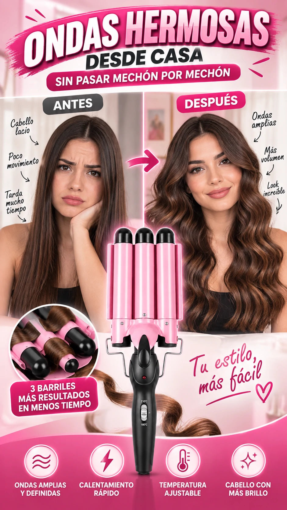 Tenaza Onduladora Triple para Cabello — Crea ondas amplias desde casa
