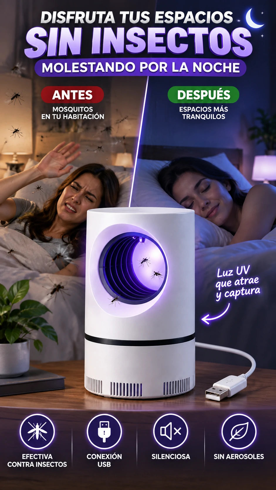 Trampa de Mosquitos con Luz UV y USB — Reduce insectos voladores en interiores