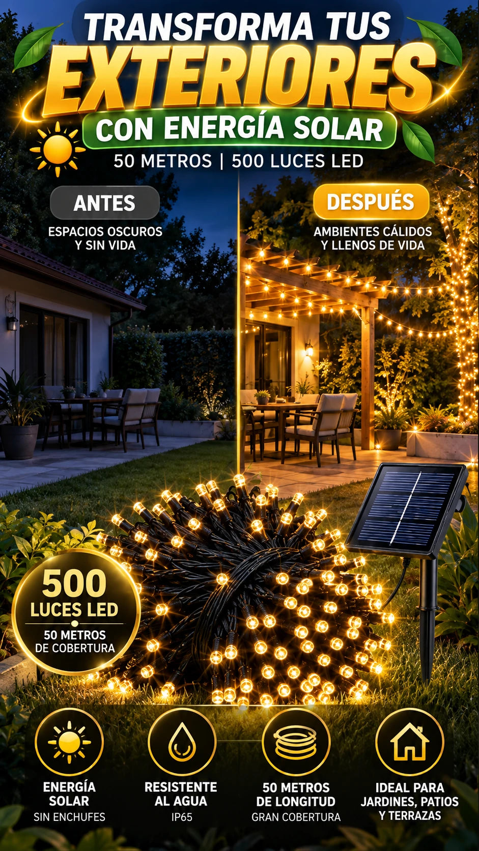 Cadena de Luces Solares LED de 50 m y 500 LED — Decora sin depender de enchufes