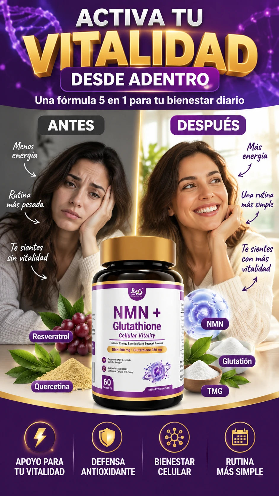 Suplemento NMN + Glutatión — Complementa tu vitalidad y bienestar celular