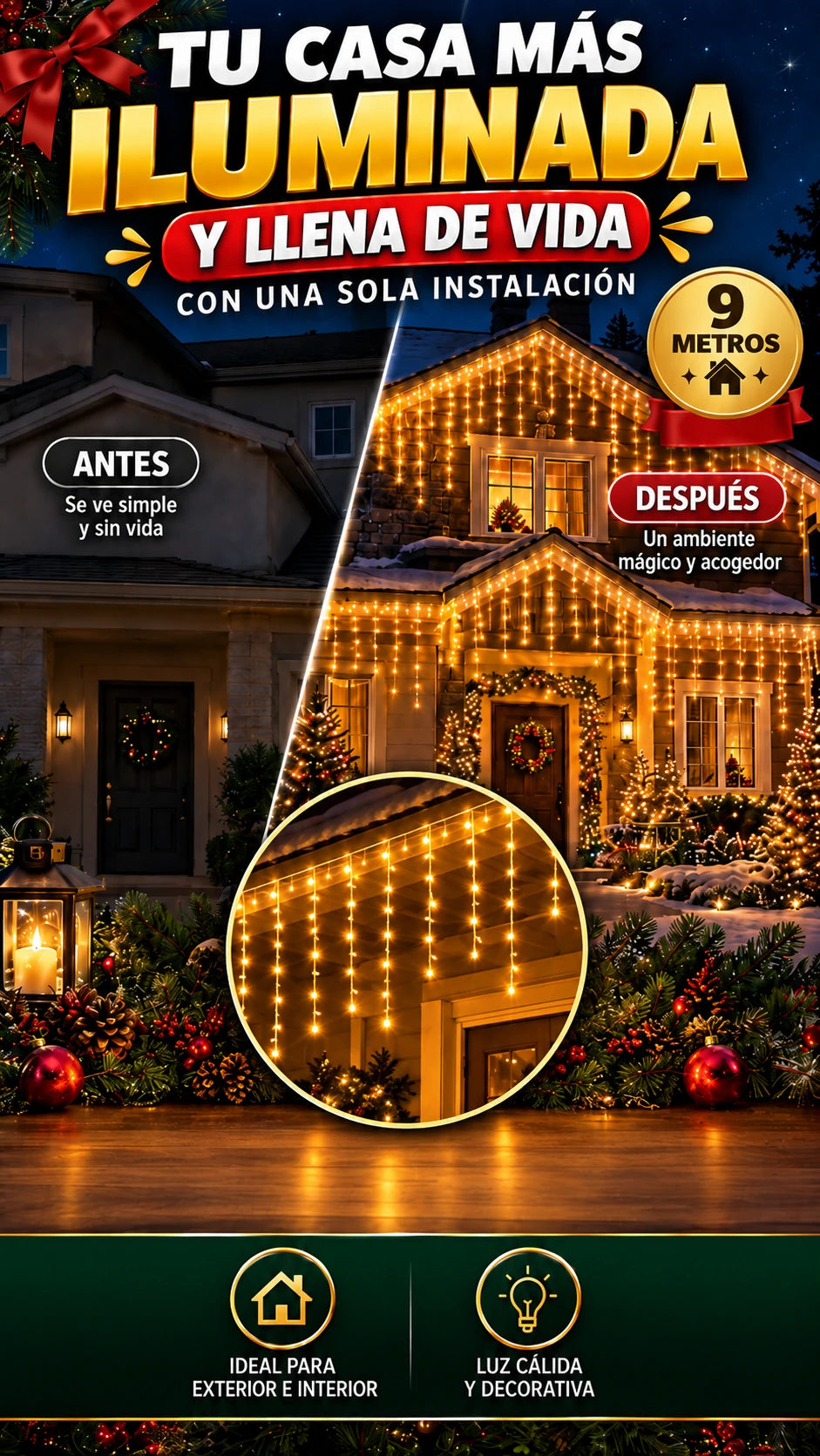 Luces LED en Cascada de 9 Metros — Transforma espacios amplios con luz cálida