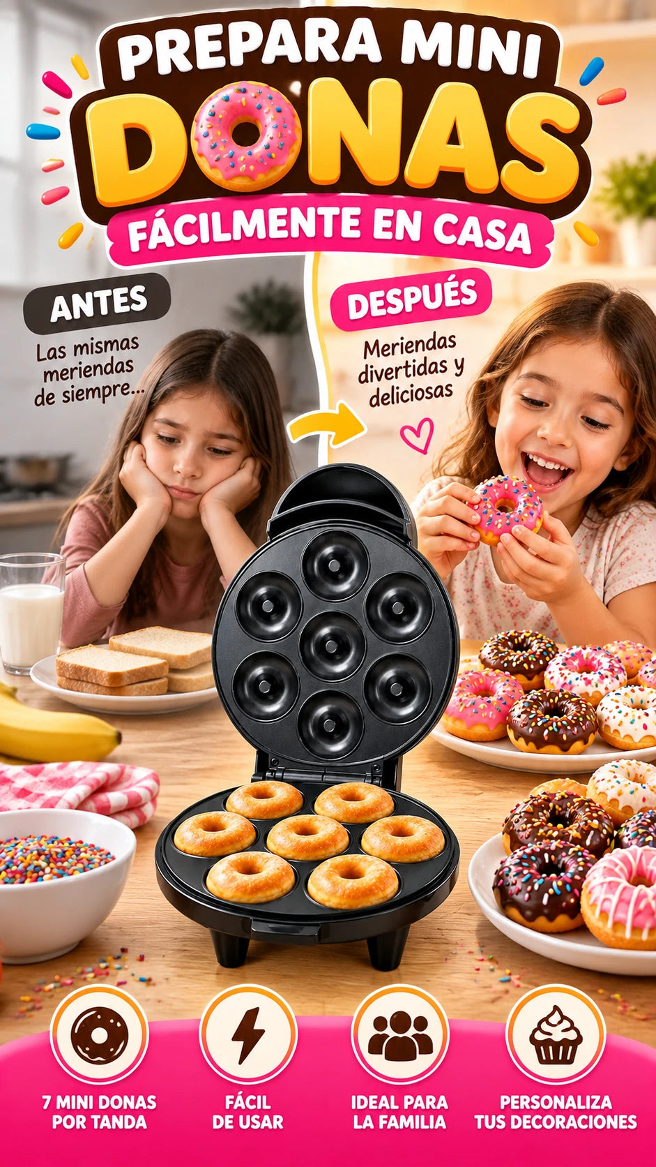 Máquina Eléctrica para 7 Mini Donas — Prepara mini donas fácilmente en casa