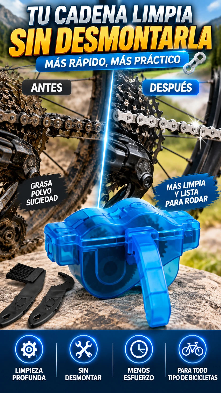 Limpiador de Cadena para Bicicleta — Limpia sin desmontar la cadena