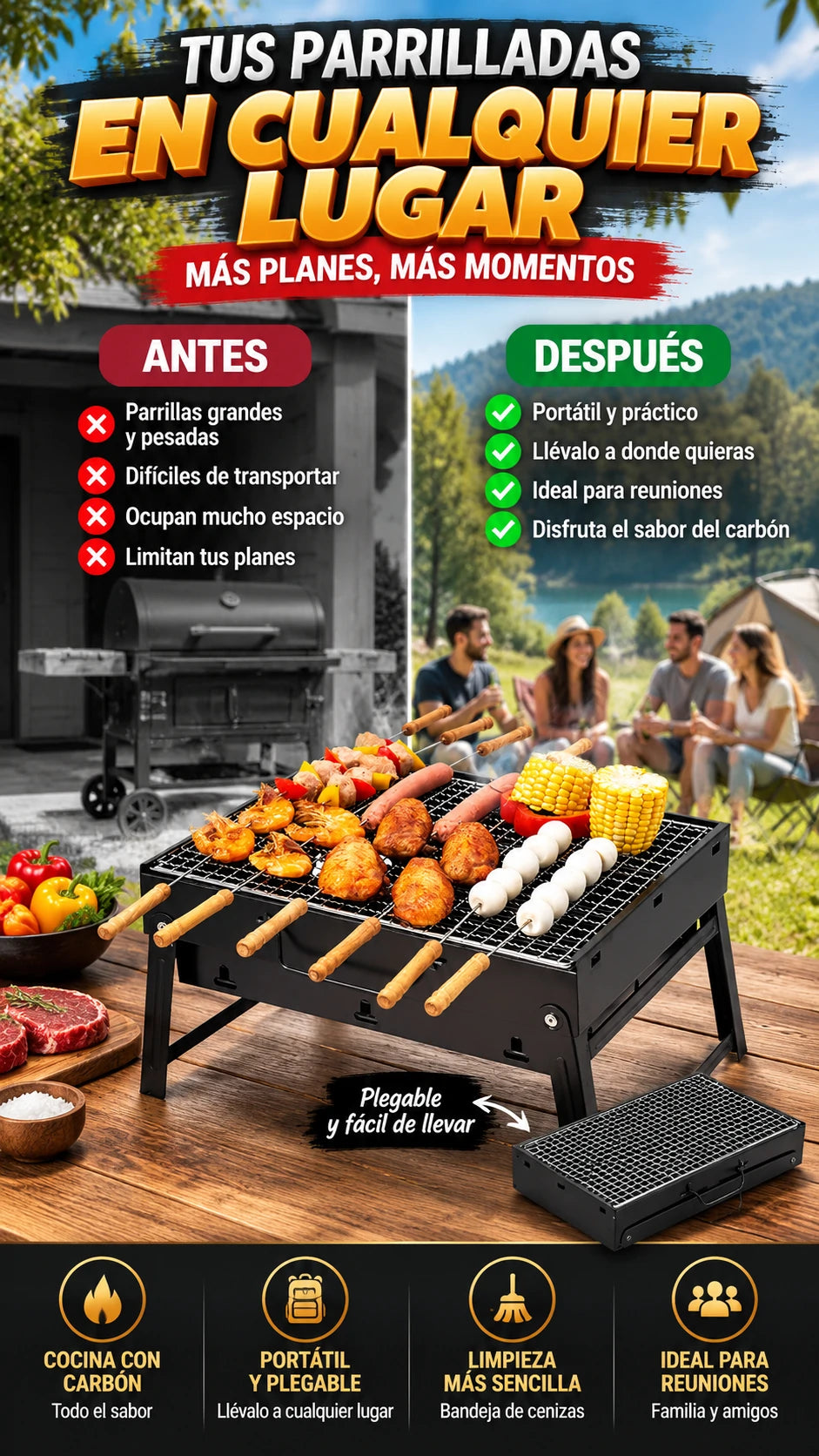Asador Portátil de Carbón Plegable — Lleva tus parrilladas a donde quieras