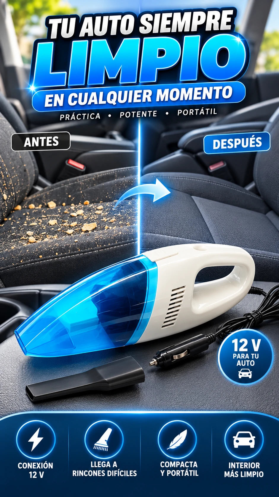Aspiradora Portátil para Auto 12 V — Limpia rincones con mayor facilidad