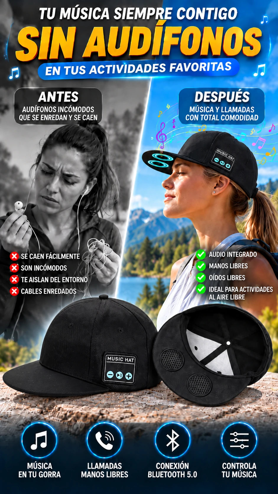 Gorra Bluetooth con Altavoces y Micrófono Integrados — Escucha música con oídos libres