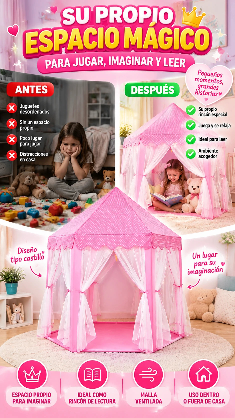 Carpa Infantil de Juegos Tipo Castillo Rosa — Crea su propio espacio de juego